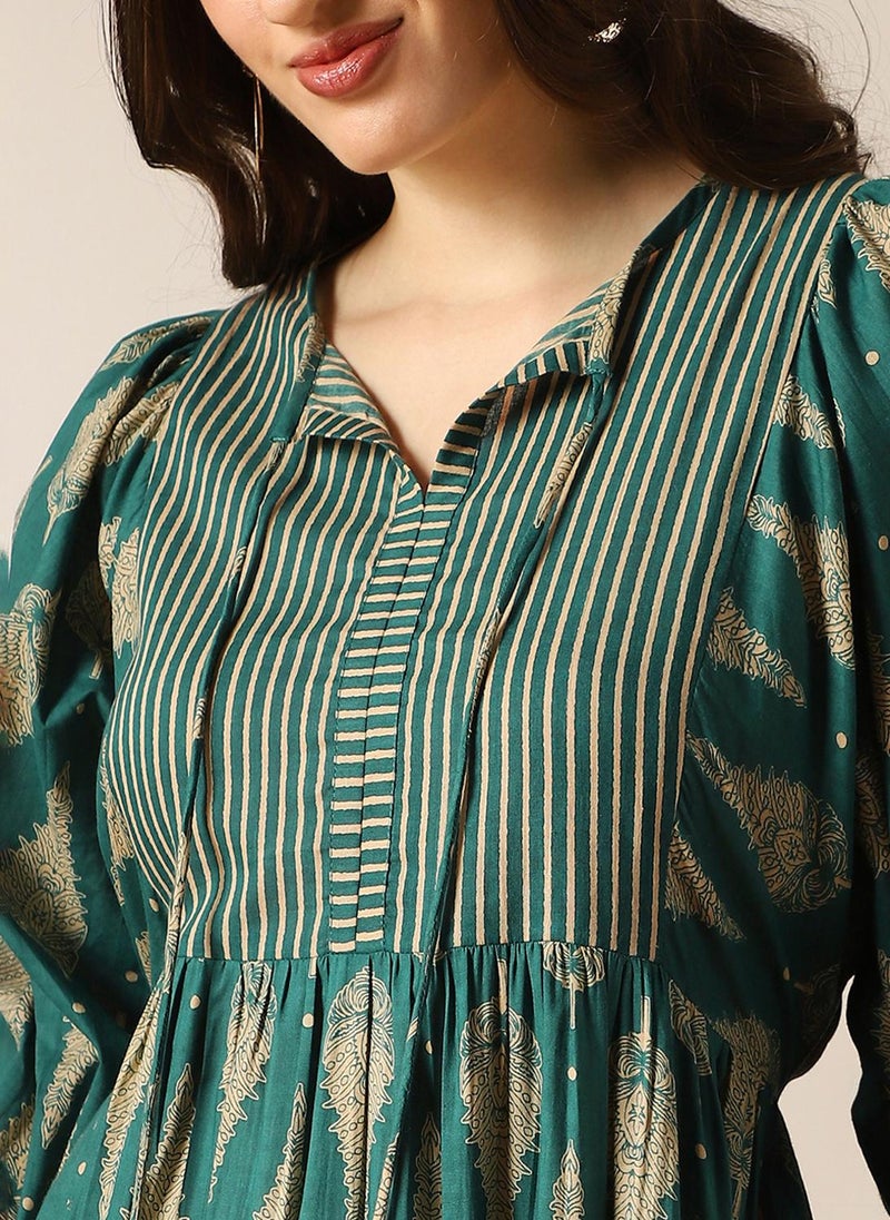 جلو باص فستان ميدي نسائي بطبعة عرقية بياقة ربطة عنق وأكمام أسقفية وطبقات واسعة - Image 5